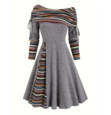 Ethnic Striped Splicing Dress, Elegant Off Shoulder Drawstring Dress, Women's Clothing