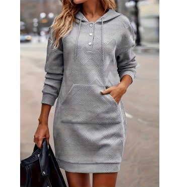 Pocket Front Hooded Dress, Casual Drawstring Long Sleeve Solid Dress, Women's Clothing